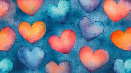 Fototapeta premium Watercolor Hearts Pattern Blue Background Lovely Design