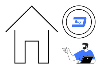 Man pointing with one hand while holding laptop, large house outline, coin with Buy text and blue arrow. Ideal for real estate, investment, technology, finance, online transactions, modern lifestyle