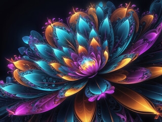 Fototapeta premium abstract neon Original and futuristic background with fractal flower. Bright colorful fractal flower, digital artwork Multicolor on dark background