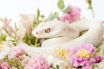 Fototapeta premium Serpent blanc entouré de fleurs
