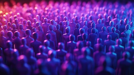 Large group of people standing together. Neon lights illuminate crowd creating vivid visual effect. Community, unity highlighted in illustration. Many people stand together in vibrant gathering.