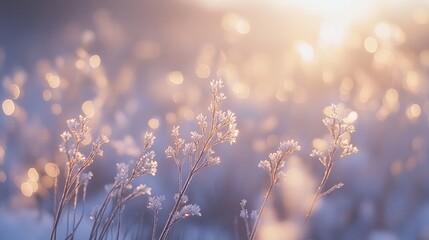 Fototapeta premium Frosty winter plants glowing in sunrise.