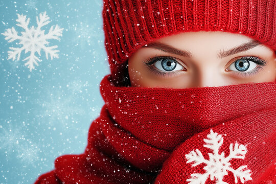 Femme avec cache nez et bonnet rouge en hiver
