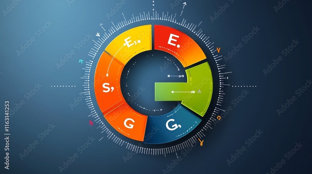 Poster circular diagram with arrows connecting letters on dark background