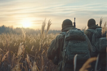 Obraz premium Soldats ukrainiens en observation dans un champ de blé