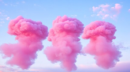 Fototapeta premium Three pink fluffy clouds in pastel sky.