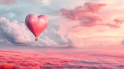 Fototapeta premium Pink heart-shaped hot air balloon floats over a pink field at sunset.
