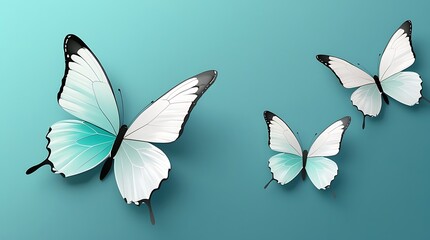 Obraz premium Graceful butterflies in flight against a serene turquoise background, showcasing delicate white wings with intricate details, perfect for representing beauty, nature, and peaceful elegance in digital