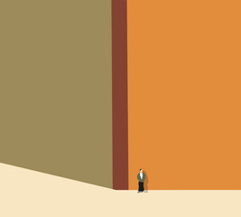 Man standing in corner of building on urban city street. Minimal art design modern architecture building. Lifestyle