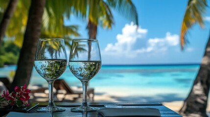 Obraz premium Two wine glasses on beach table, ocean view.