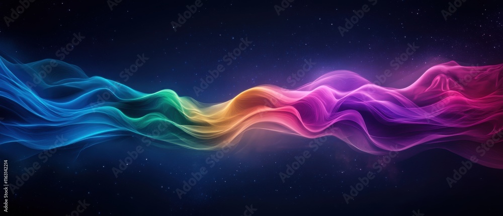 Poster colorful waves of light creating dynamic flow in dark night sky with stars and ethereal effect