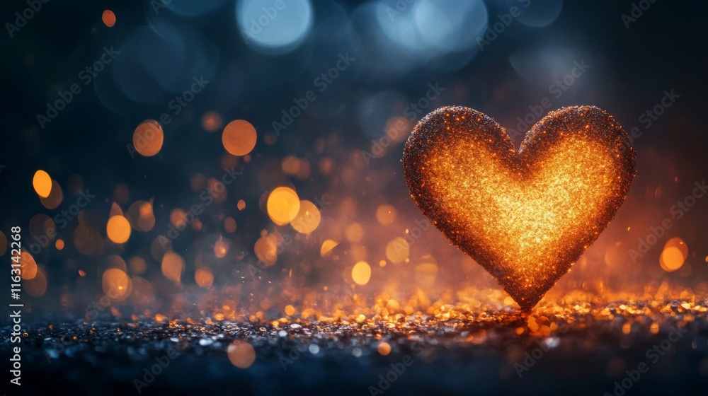 Poster glowing glittering heart on dark background with bokeh