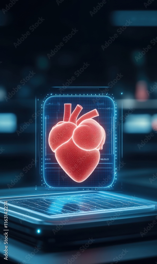 Poster futuristic digital heart visualization with neon glow on high-tech interface in medical environment