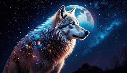 Bathed in the ethereal glow of moonlight and starlight, a luminous wolf with sparkling fur gazes toward the horizon under a breathtaking cosmic sky.