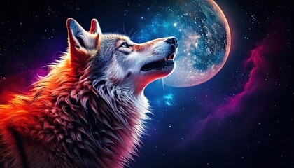 A vibrant wolf gazes at a glowing full moon surrounded by a colorful cosmic nebula and star-filled night sky, evoking awe.
