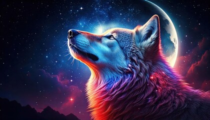 Under a celestial tapestry of vibrant nebula hues and sparkling stars, a radiant wolf gazes at a glowing full moon, creating a breathtaking sense of wonder.