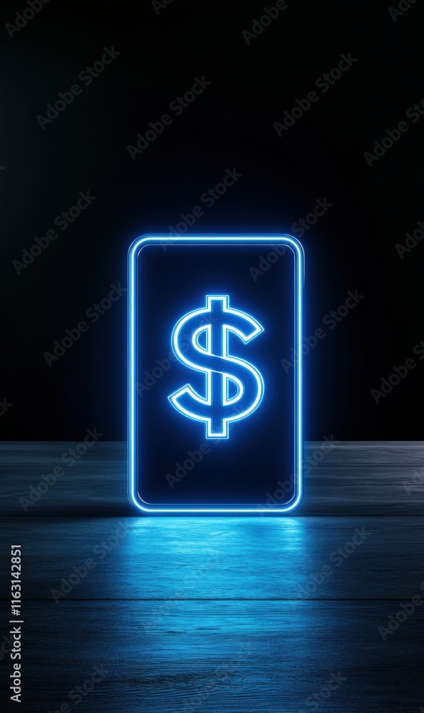 Poster neon dollar sign illuminated on dark surface in a modern abstract setting for financial themes and c