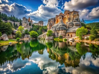 Obraz premium Stunning architecture and breathtaking landscapes meet in Soria's Black Lagoon Natural Park. Discover unique photographic artistry.