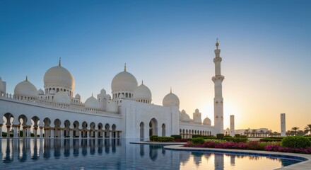 Obraz premium Grand mosque at sunset: majestic architecture and tranquil reflections