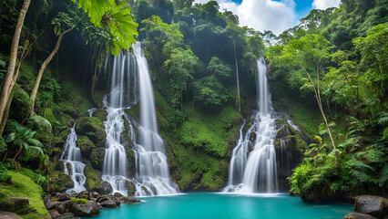 Within the tropical rainforest, a waterfall cascades over rocky terrain into a serene turquoise blue pond. This enchanting site is known as Banyumala, named for its twin waterfall that flows down the 