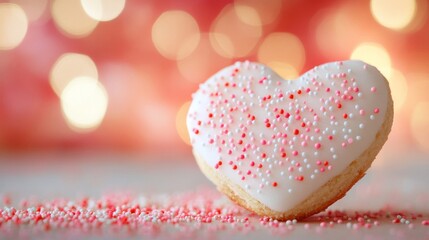 Fototapeta premium Heart Shaped Cookie Sprinkled With Pink And White
