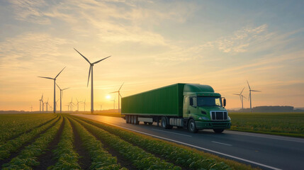 Green truck travels on road with wind turbines. Eco-friendly transportation in agricultural field. Sustainable supply chain logistics. Renewable energy powers eco-friendly transport. Modern vehicle.