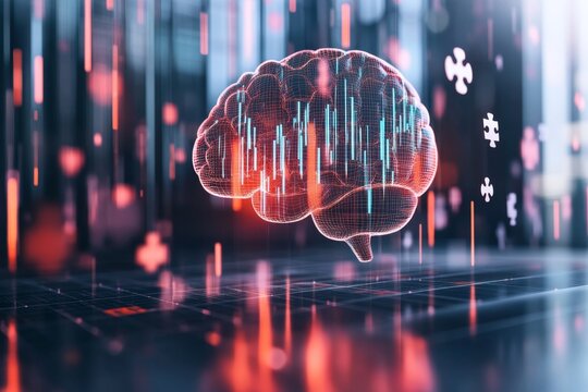 A 3D-rendered glowing brain surrounded by floating puzzles and icons representing intelligence and logical reasoning