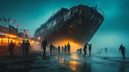 Abandoned ship and zombies by moonlit carnival on misty beach