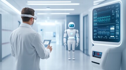 Fototapeta premium Doctor in Lab Coat Interacting with Medical Robot in High-Tech Hospital Environment with Digital Dashboard
