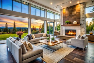 Fototapeta premium Stunning modern home interior: open-concept living space, fireplace, luxury design, incredible outdoor vista.