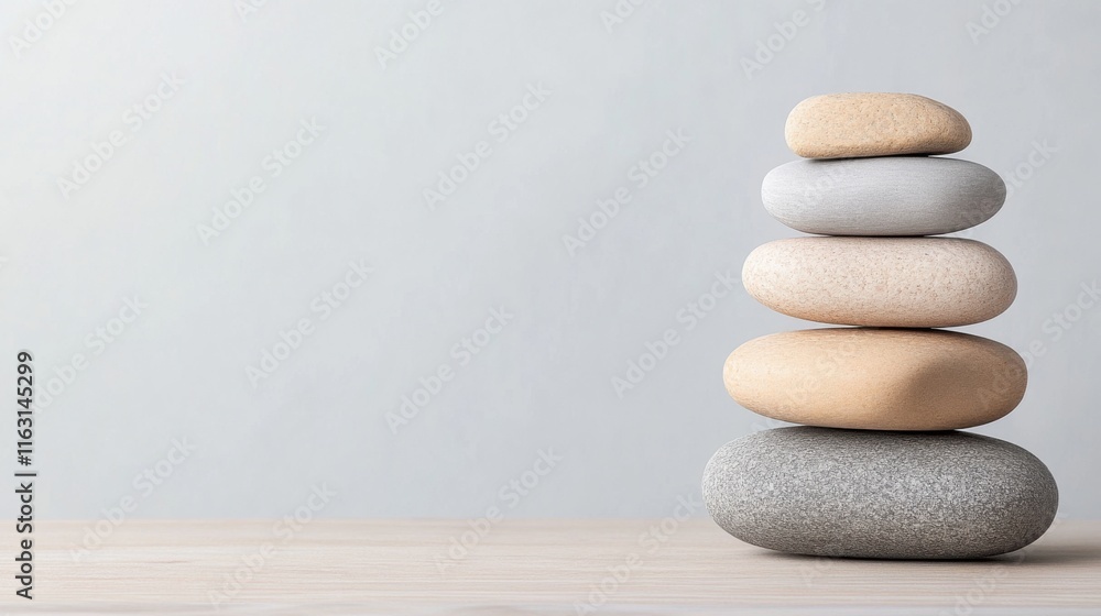 Poster stack of smooth stones on a minimalist surface for serenity and calmness in a tranquil setting