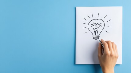 Creative Idea Concept with Hand Drawing Light Bulb on Blank Paper Against Blue Background