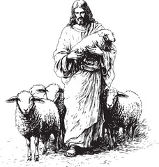 Sketch-style illustration of Jesus as the Good Shepherd, surrounded by a large flock of sheep, with a halo above His head. A peaceful and divine depiction of Christ’s care and guidance, perfect for re