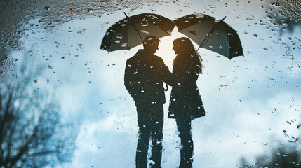 A couple sharing an umbrella in the rain, their reflection visible in a puddle shaped like a heart.
