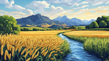 Serene Golden Fields Under Blue Sky and Majestic Mountains