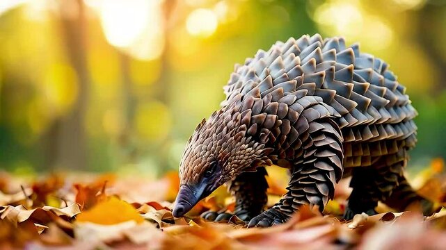 a pangolin  walking through  leaves