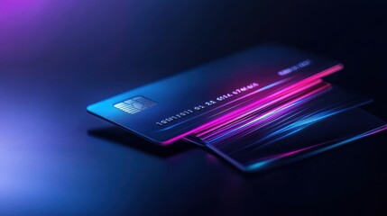 Modern Credit Card with Bright Neon Lights on a Dark Surface for Financial and Technology Concepts