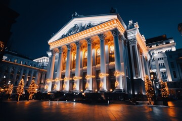 A dramatic night view of a neoclassical building illuminated by warm lights, showcasing its iconic ionic columns