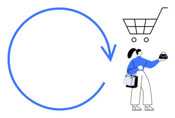 Woman holding shopping bags and presenting an item, next to a cart and large blue circular arrow pointing right. Ideal for retail, marketing, consumer behavior, e-commerce, sales process, customer