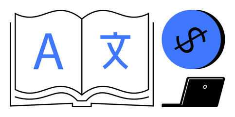 Open book with English and Chinese characters, blue circle with dollar sign, laptop. Ideal for education, language learning, global communication, finance, e-learning, translation services digital