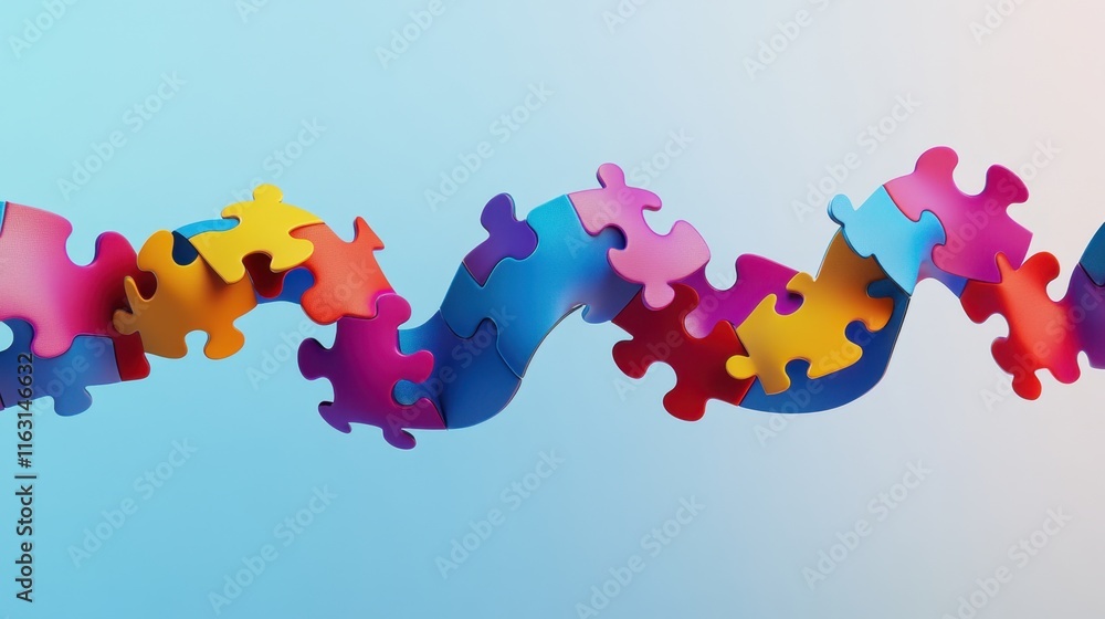 Poster colorful interlocking puzzle pieces flowing dynamically in a serpentine motion against a light blue 