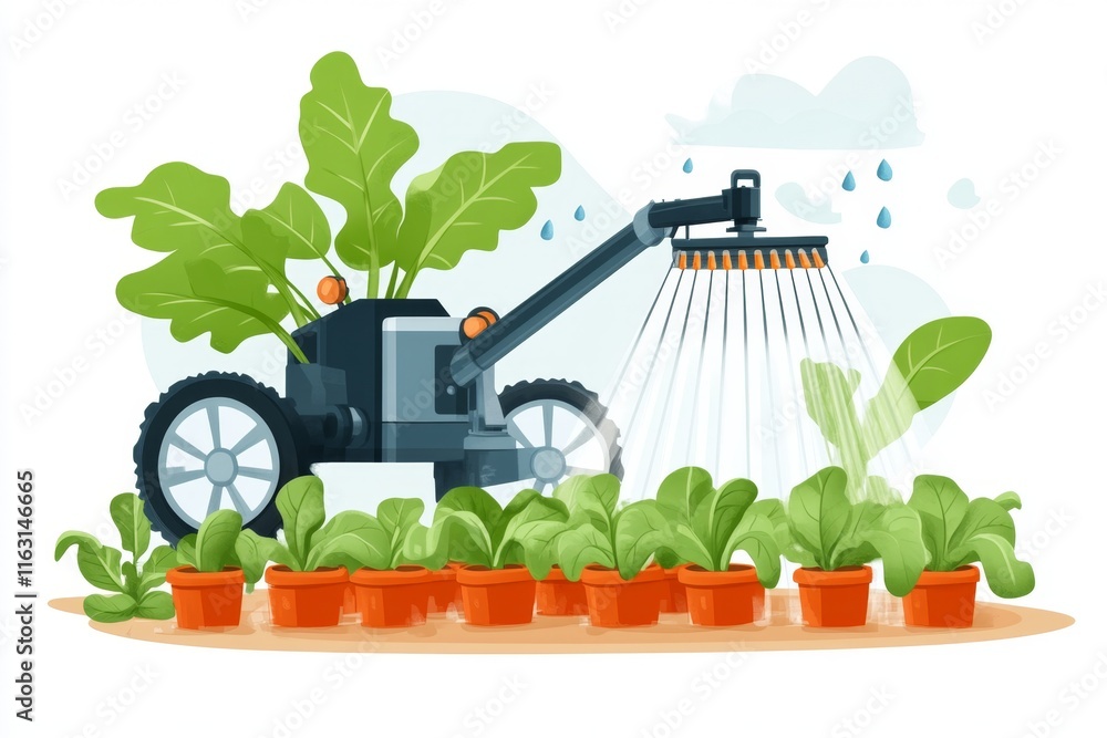 Poster a flat illustration of a modern sprinkler system watering crops in stylized rows, with soft gradient
