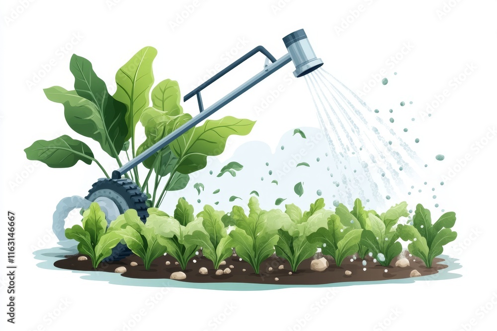 Poster a flat illustration of a modern sprinkler system watering crops in stylized rows, with soft gradient