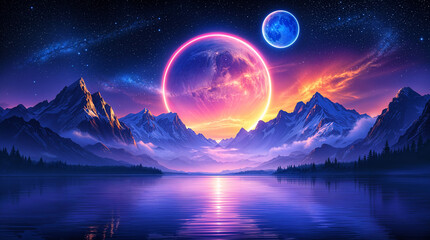 Celestial Mountainscape Two Planets, Stars, Lake, Serenity