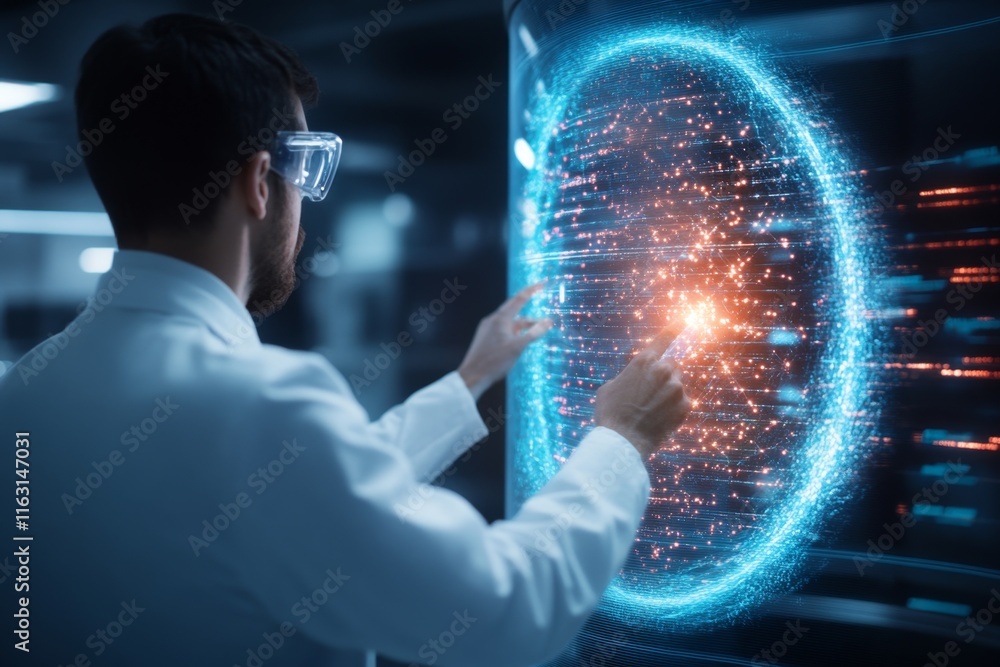 Poster a futuristic laboratory scene where a scientist analyzes glowing ions in a high-tech containment fie