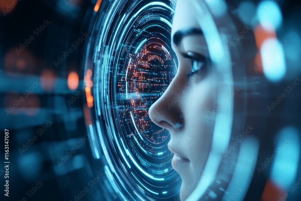 Poster A futuristic scene of a person connected to a holographic neural interface, with IQ puzzles projected in the air