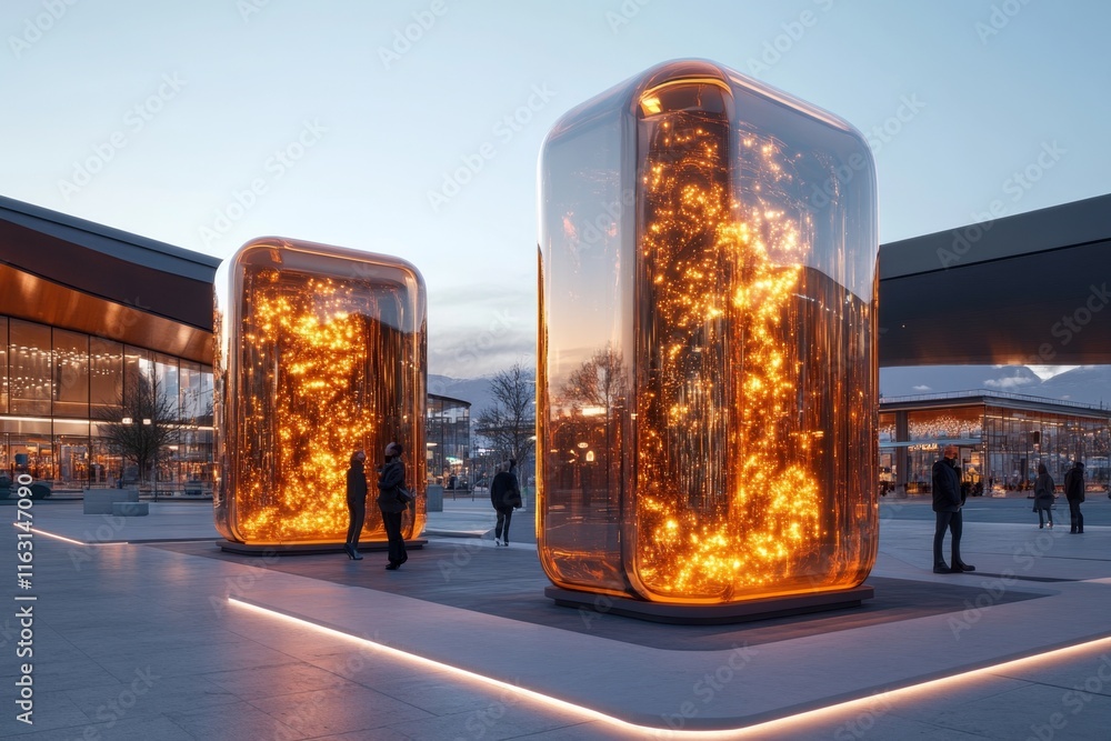 Poster a futuristic reimagining of ionic columns, made from glowing, transparent materials, set in a high-t