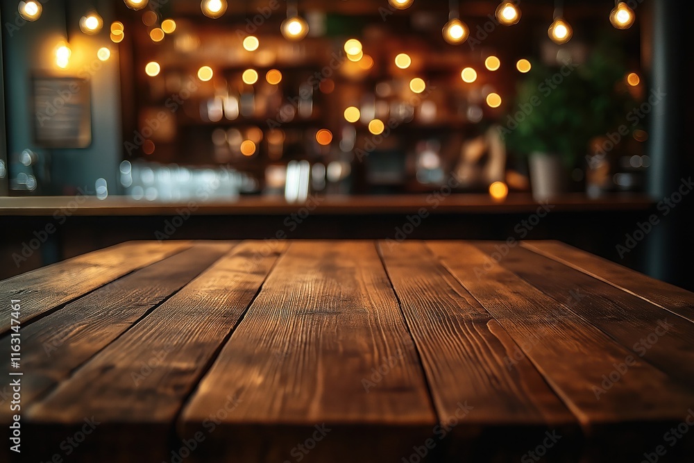 Aufkleber rustic wooden table in dimly lit bar. warm string lights create cozy atmosphere. blurry background s