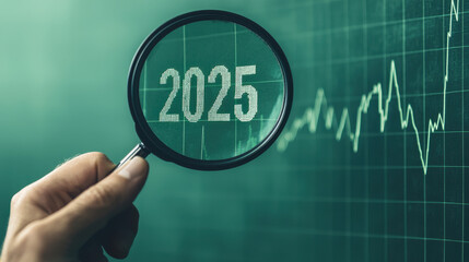 image depicts hand holding magnifying glass over year 2025 with green financial graph background, symbolizing future growth