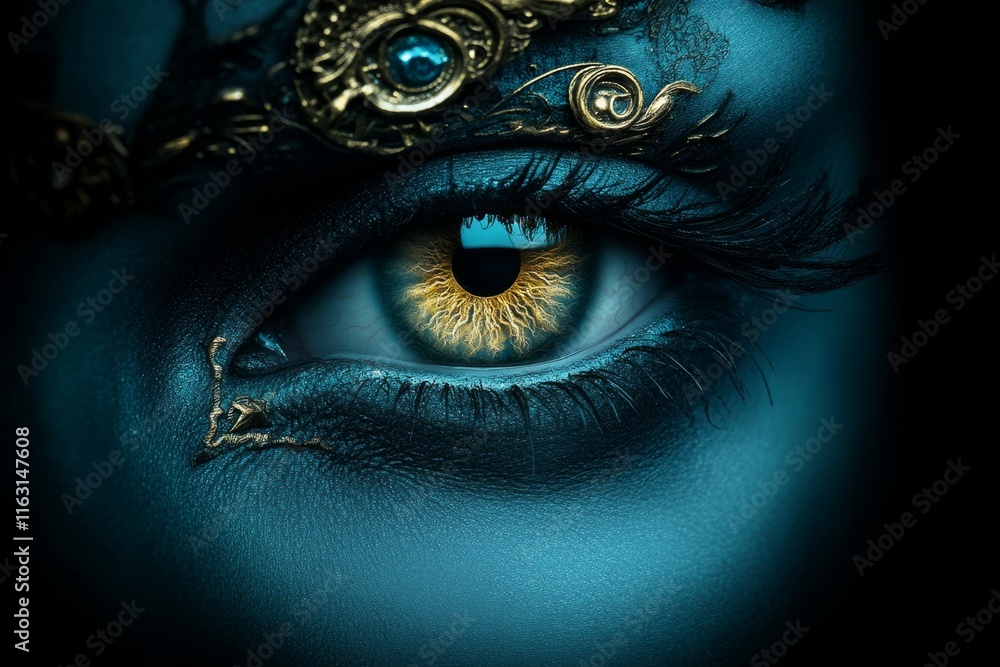 Poster a gothic depiction of a mysterious eye with a glowing golden iris, surrounded by dark shadows and or